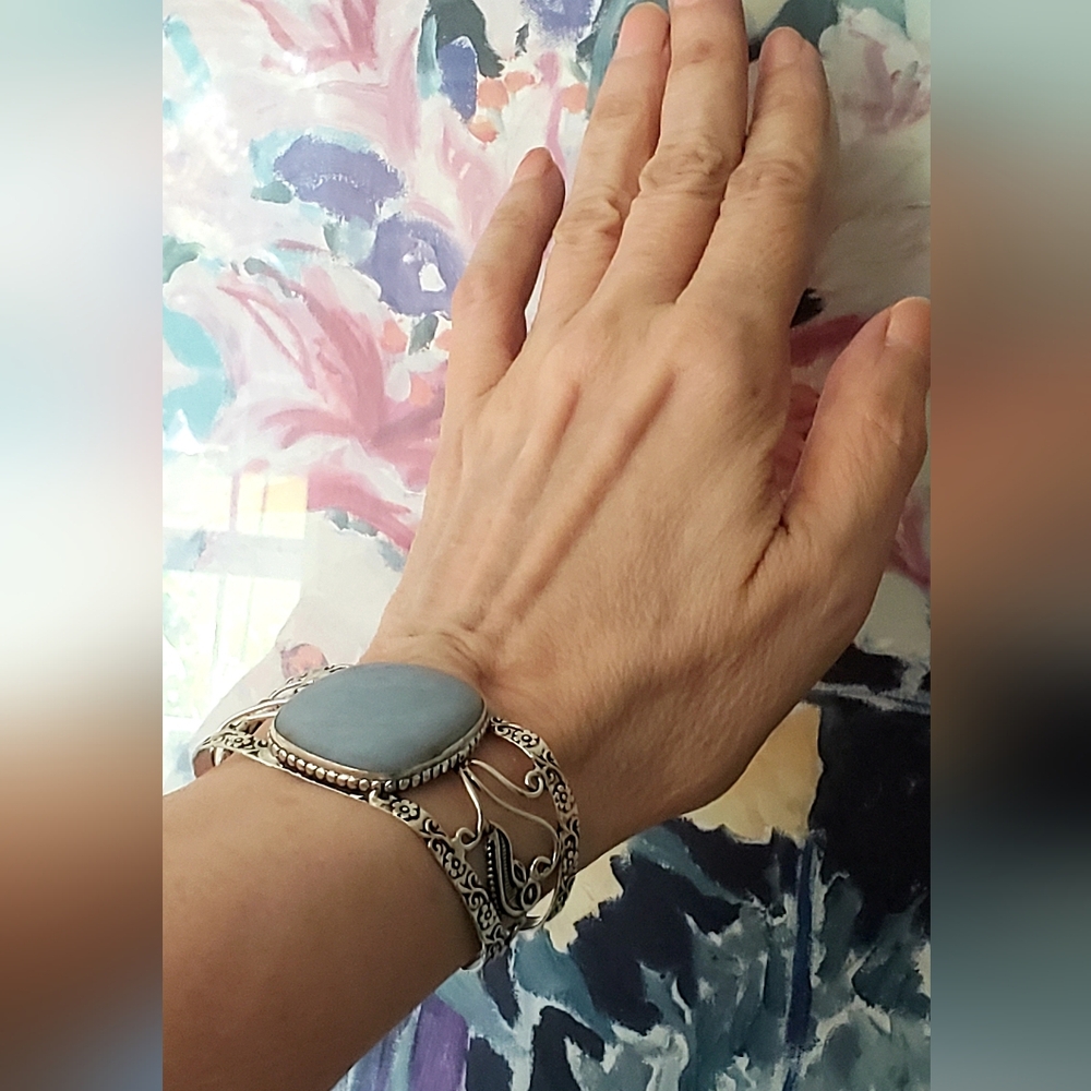 Angelite Gemstone Adjustable 925 Stamped Silver Bracelet, New, Grey Blue, Handmd - Picture 2 of 13